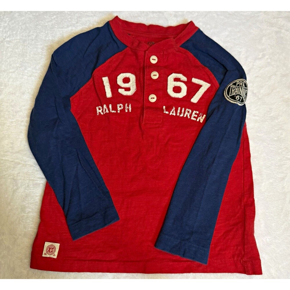 Polo Ralph Lauren Boys Size 3T Red/Blue Long Sleeve Henley Graphic Logo Tee